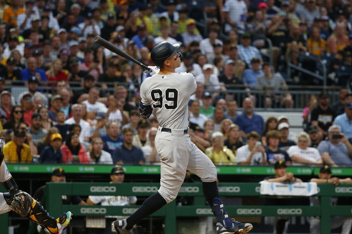 Aaron Judge #99 of the New York Yankees is seen in action during inter-league play against the Pittsburgh Pirates at PNC Park on July 6, 2022 in Pittsburgh, Pennsylvania.