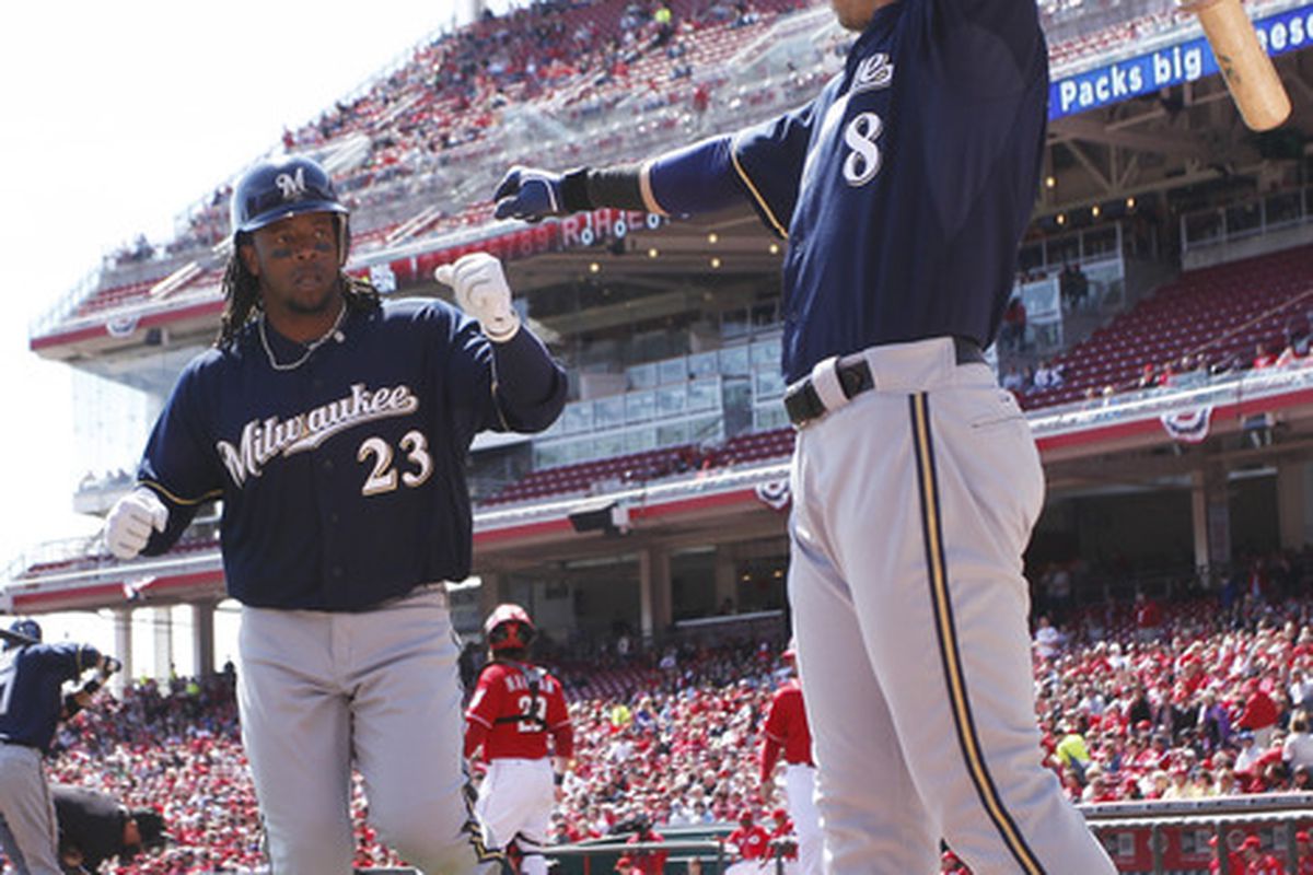 Here's Braun congratulating Rickie Weeks after he also homered on April 3.