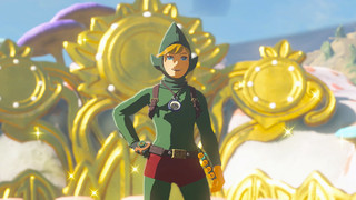 The Legend of Zelda: Tears of the Kingdom Link som ser ut i kriblingens antrekk som står ved en stor fe -fontene