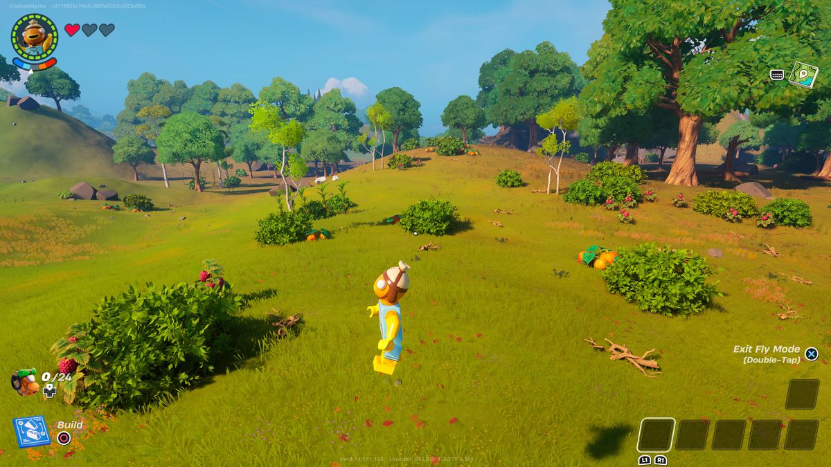 A Lego Fortnite character jumps in a field in one of the best seeds in Lego Fortnite.