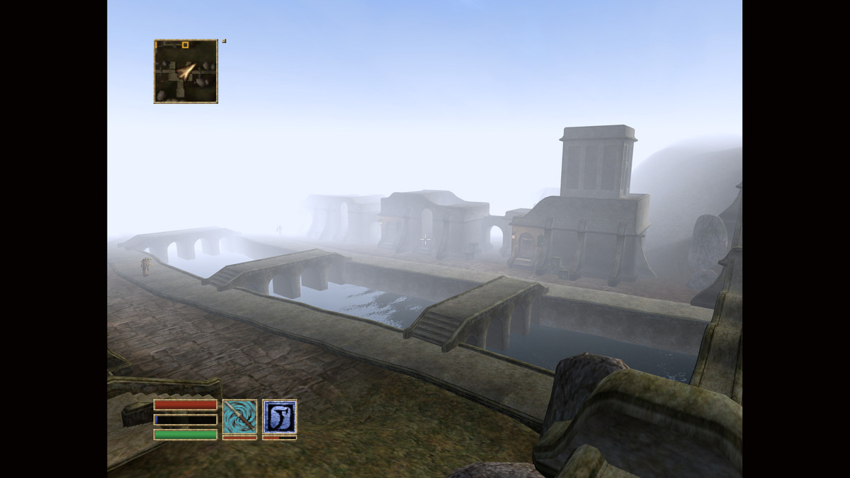 An aerial view of a viaduct in The Elder Scrolls 3: Morrowind