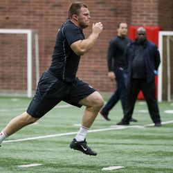 Defensive end Hunter Dimick runs the 40-meter sprint at the University of Utah football Pro Day in Salt Lake City on Thursday, March 23, 2017.