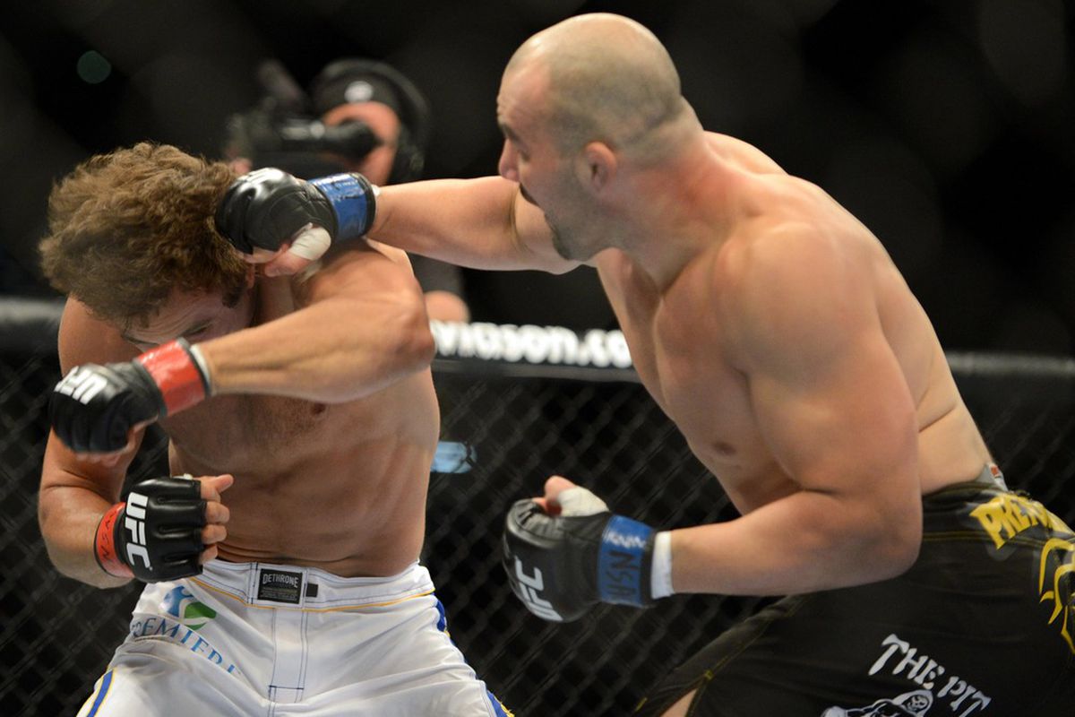 May 26, 2012; Las Vegas, NV, USA; Glover Teixeira (right) throws a punch against Kyle Kingsbury (left) during UFC 146 at the MGM Grand Garden event center. Credit: Ron Chenoy-US PRESSWIRE