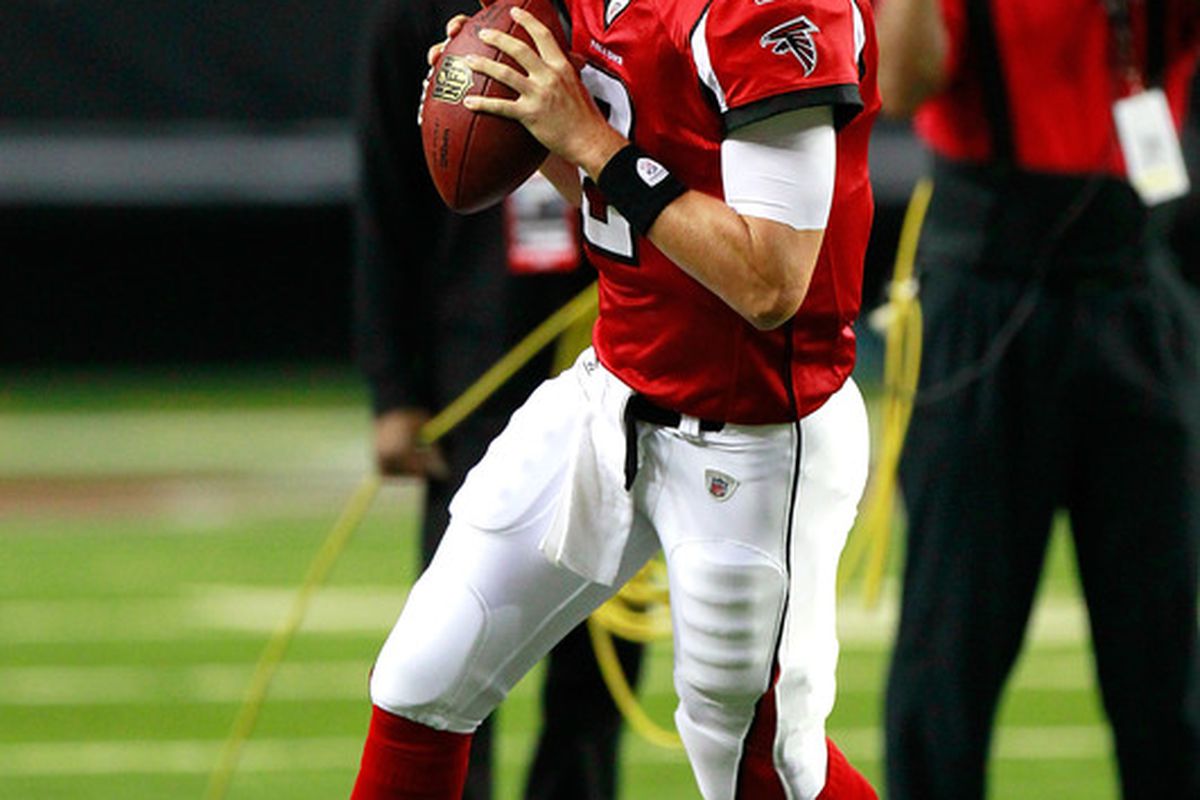 ATLANTA - AUGUST 13:  Quarterback Matt Ryan #2 of the Atlanta Falcons warms up before facing the Kansas City Chiefs at Georgia Dome on August 13 2010 in Atlanta Georgia.  (Photo by Kevin C. Cox/Getty Images)