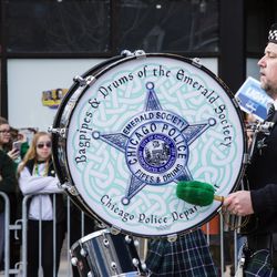 The Emerald Society Bagpipes and Drums Band in the Chicago South Side St. Patrick’s Day Parade, Sunday, March 17th. | James Foster/For the Sun-Times