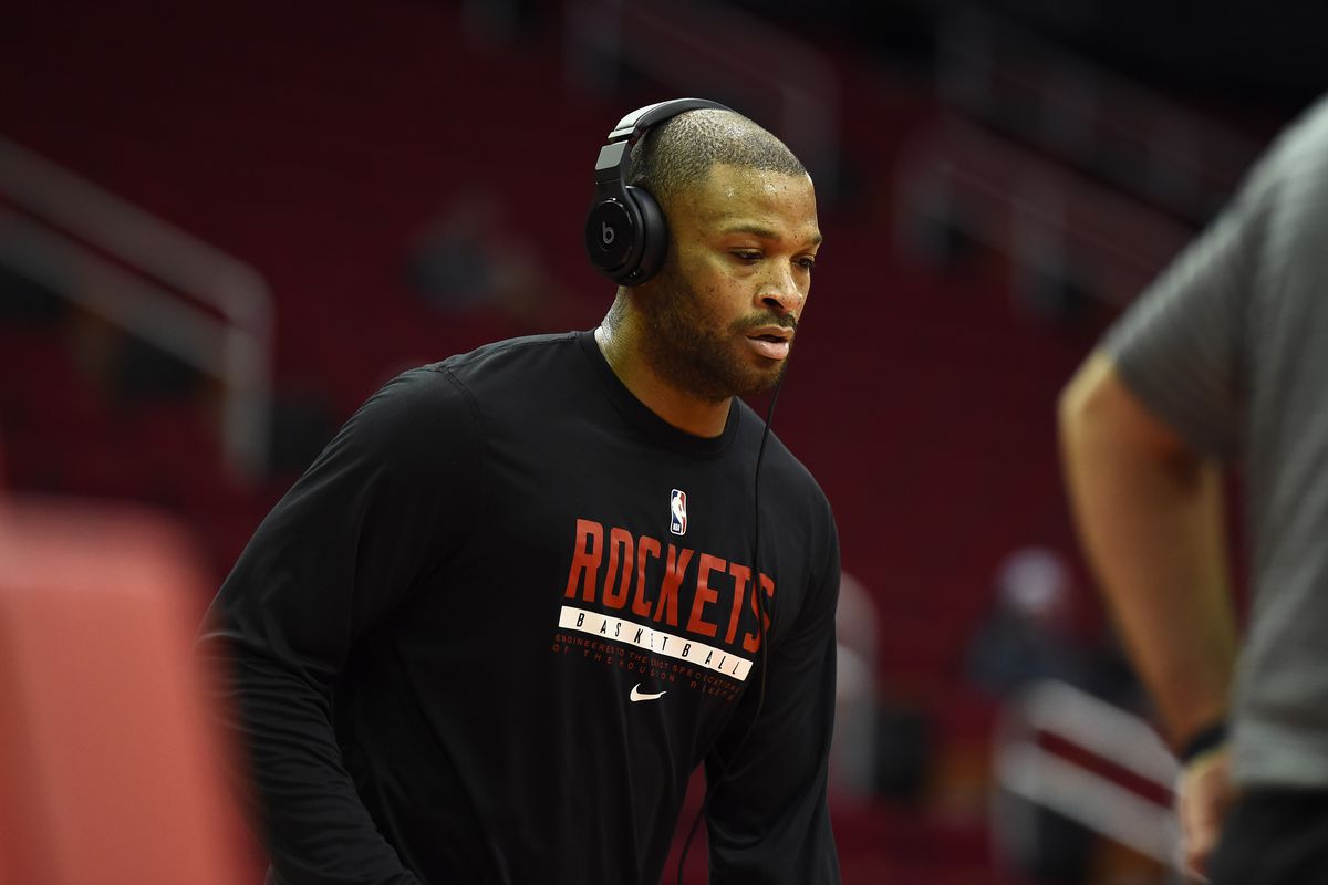 P.J. Tucker of the Houston Rockets warms up prior to the game against the Chicago Bulls on February 22, 2021 at the Toyota Center in Houston, Texas.&nbsp;