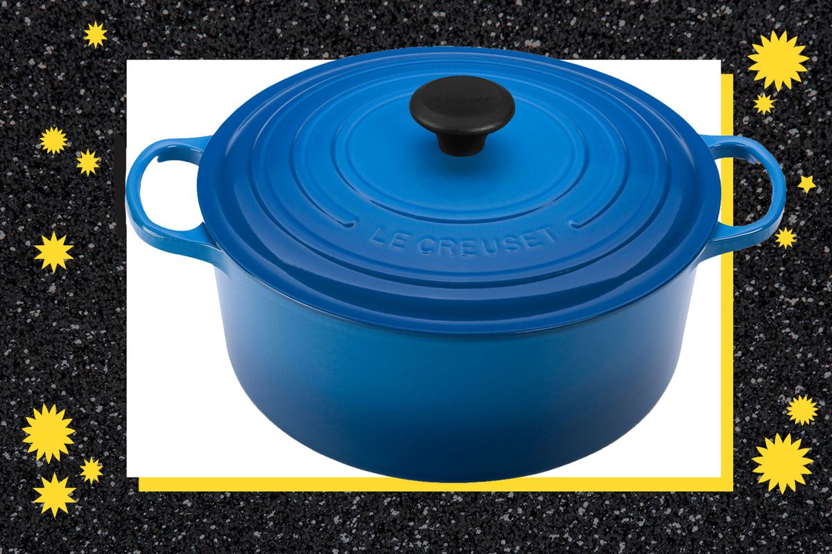 blue Dutch Oven on a sparkly black and white background