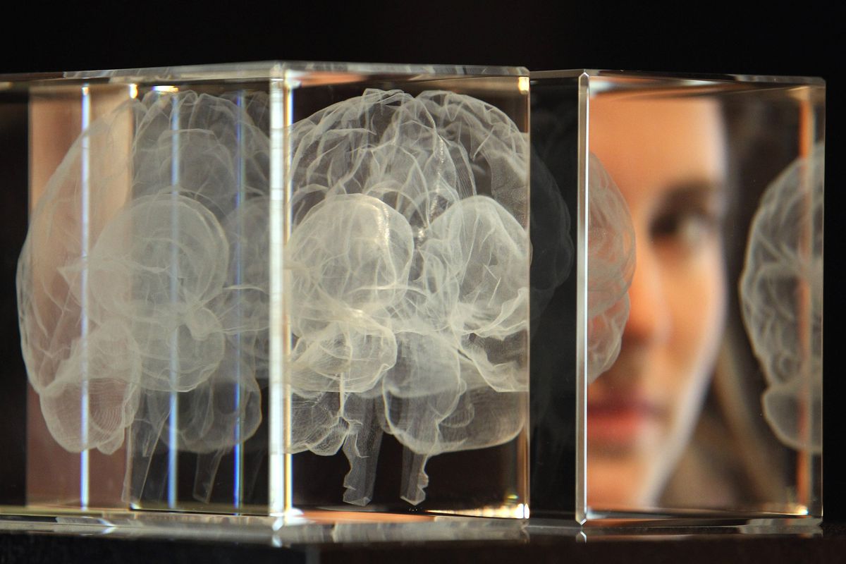 A visualization of a brain and a person’s reflection in a mirror.