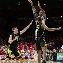Arizona guard Brandon Randolph takes a clutch step-back 3-pointer in the Arizona-Oregon game in McKale Center on January 17 in Tucson, Ariz. Randolph went 1-for-4 on shooting 3’s on the night.