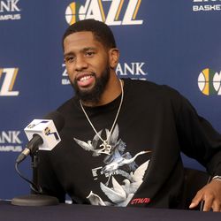 Utah Jazz forward Royce O'Neale talks to members of the media at Zions Bank Basketball Center in Salt Lake City on Thursday, April 25, 2019. Utah's season ended with Wednesday's loss to Houston in the NBA playoffs.