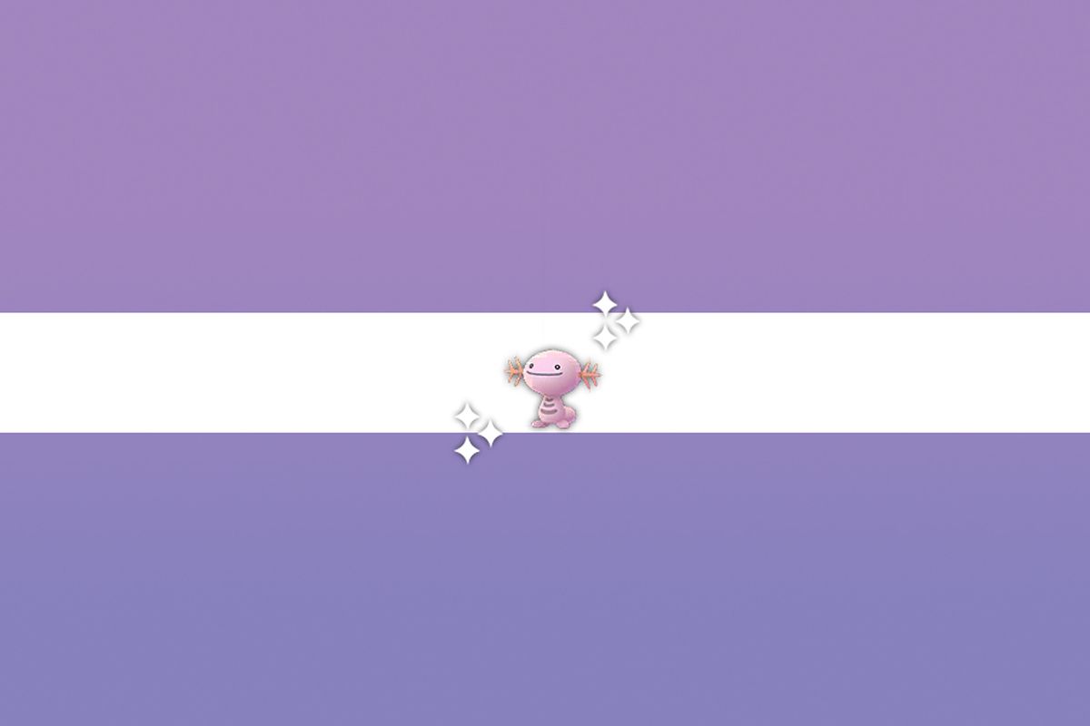 A tiny pink Wooper on a purple and white background