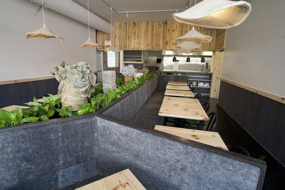 The dining room features tables made from salvaged wood, hanging lights, and plants.