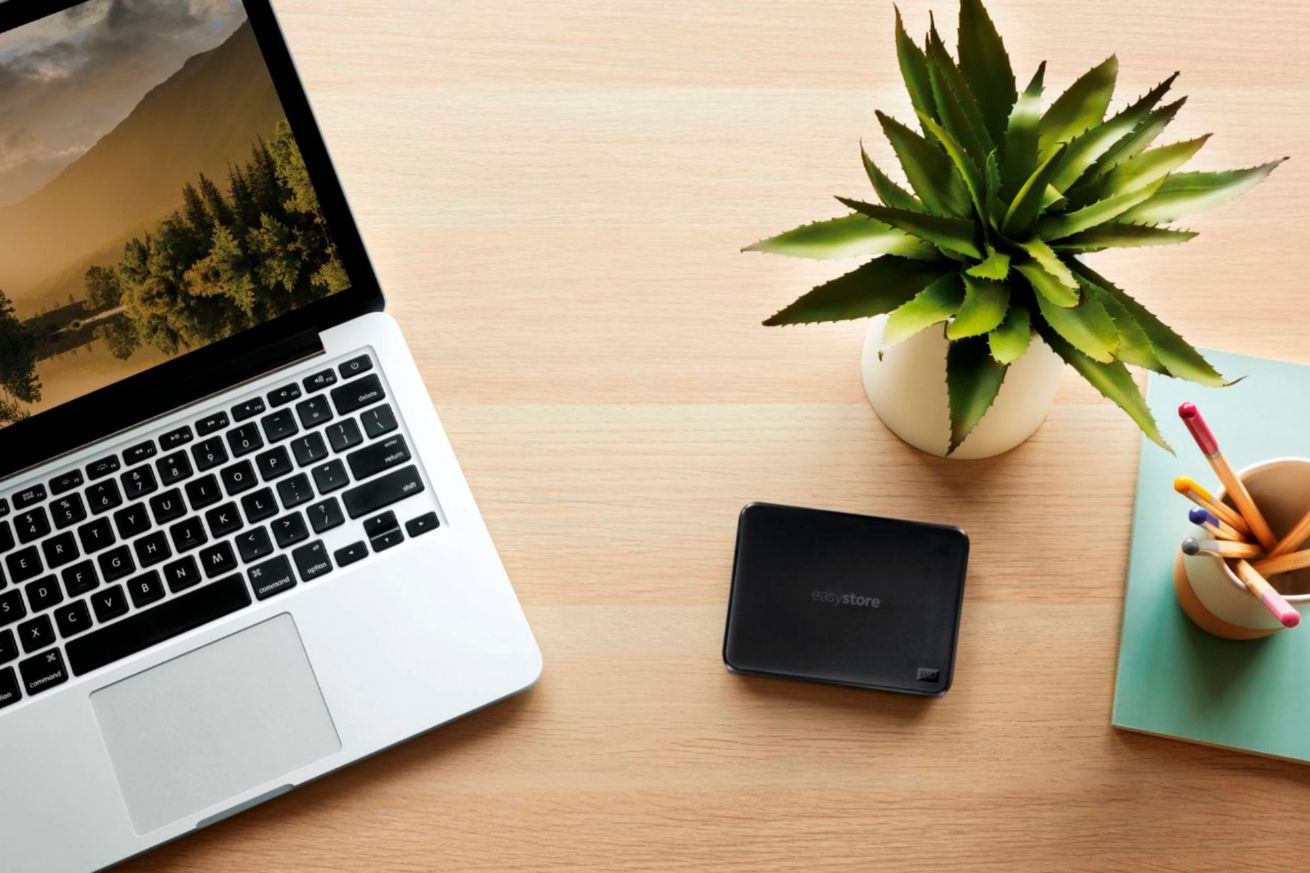 A picture of the Western Digital hard drive on a desk near a laptop, a plant, and pencils.