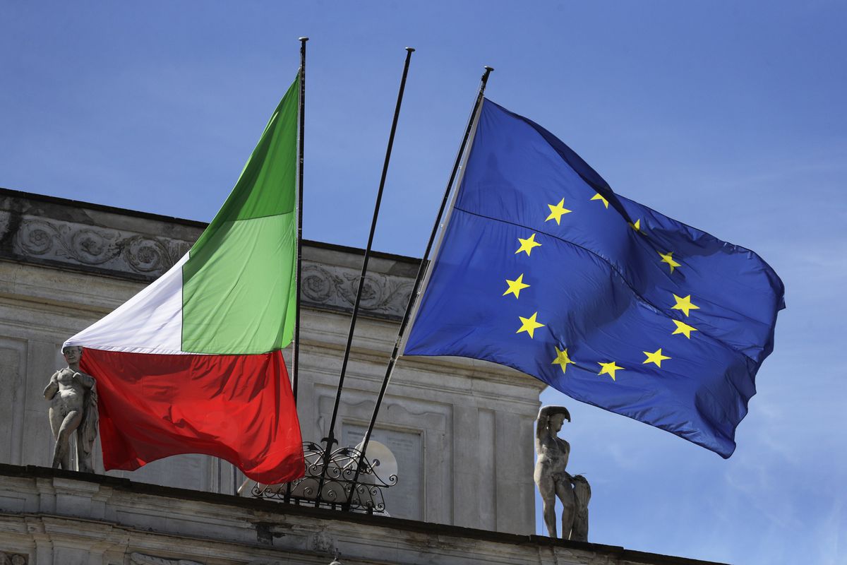 The Italian and the EU flags are displayed outside Villa Pamphili as Italian Premier Mario Draghi and EU Commission President Ursula von Der Leyen arrive on the occasion of the Global Health Summit in Rome, Friday, May 21, 2021. 