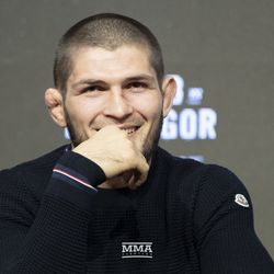 Khabib Nurmagomedov lets out a smile Thursday at the UFC 229 press conference in New York at Radio City Music Hall.