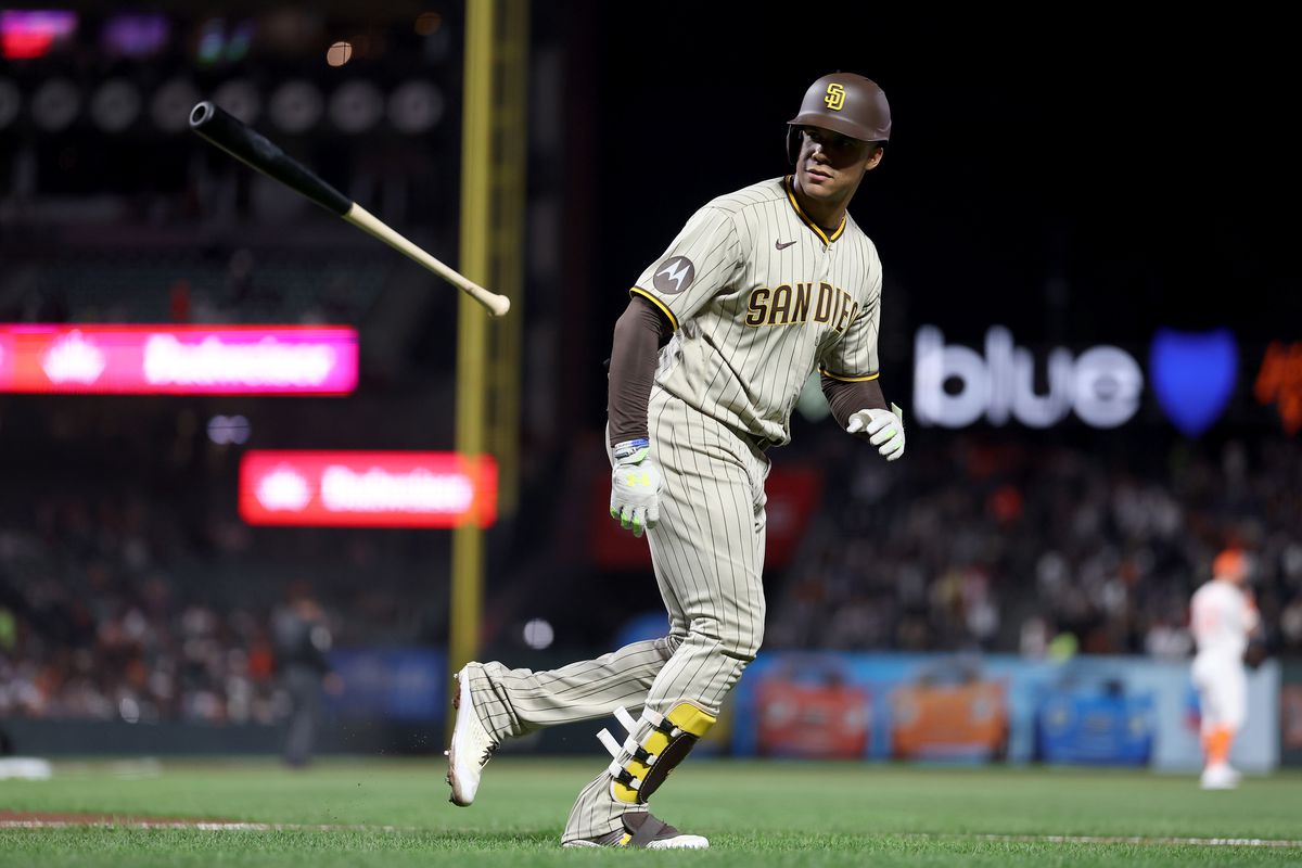 Juan Soto of the San Diego Padres tosses his bat after he hit his second home run of the game against the San Francisco Giants in the seventh inning at Oracle Park on September 26, 2023 in San Francisco, California.