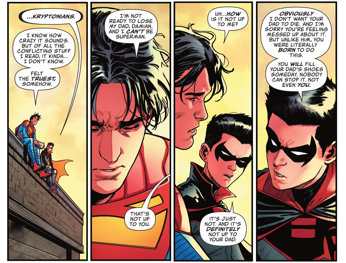 Damian Wayne/Robin tells Jon Kent/Superboy that he doesn’t get to choose to be Superman or not. Eventually he will fill his father’s shoes, in Action Comics #1030, DC Comics (2021). 