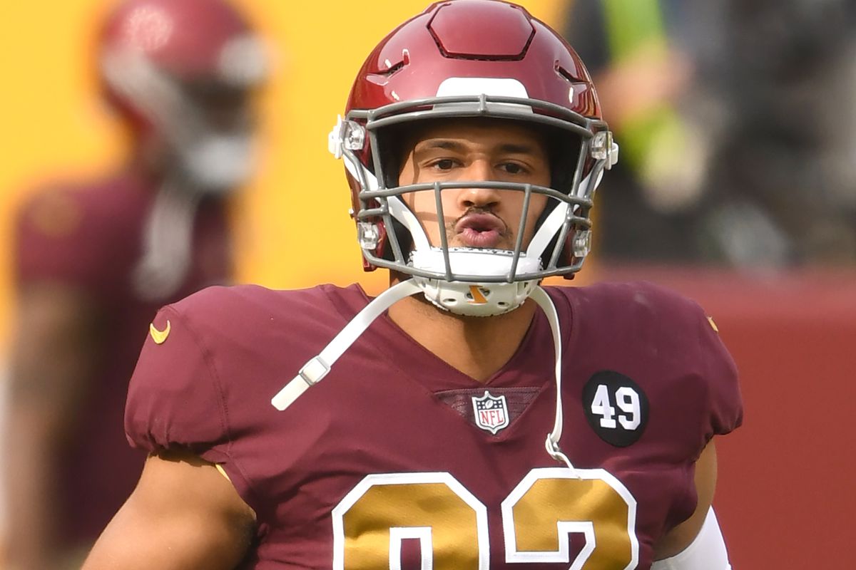 Logan Thomas #82 of the Washington Football Team warms up before a NFL football game against the Cincinnati Bengals on November 22, 2020 at FedExField in Landover, Maryland.