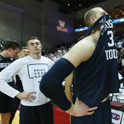 Brigham Young Cougars forward Nate Austin (33) waits to shake hands with the Gonzaga Bulldogs after the WCC tournament in Las Vegas Monday, March 7, 2016. BYU lost 88-84.