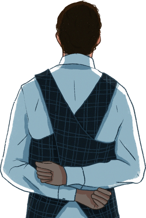 Illustration showing the back of a person wearing collared shirt and apron; the man has two arms crossed behind his back.