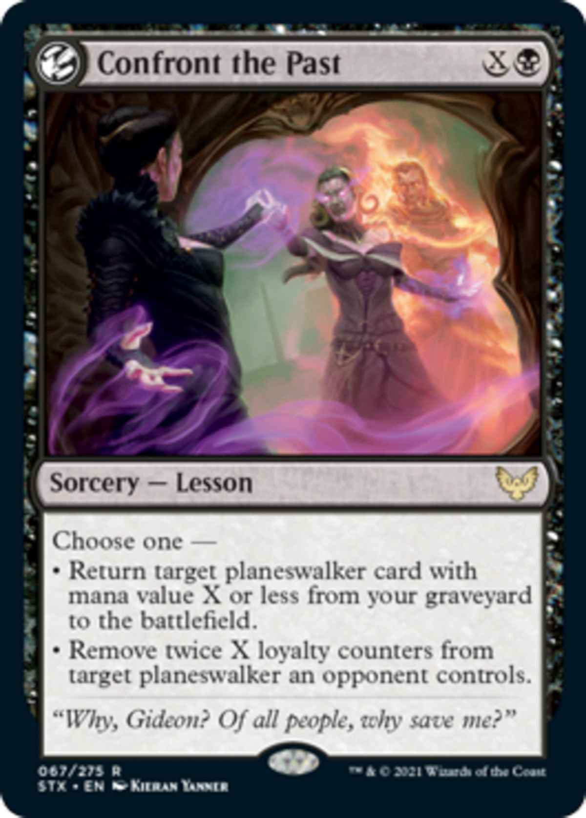 Liliana Vess looks into the mirror, seeing herself being saved and Gideon consumed in flames.