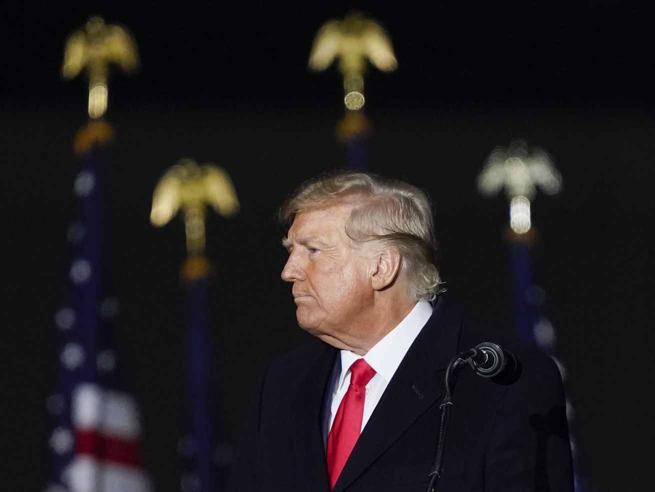 Trump in profile facing left, with American flags in the background. 