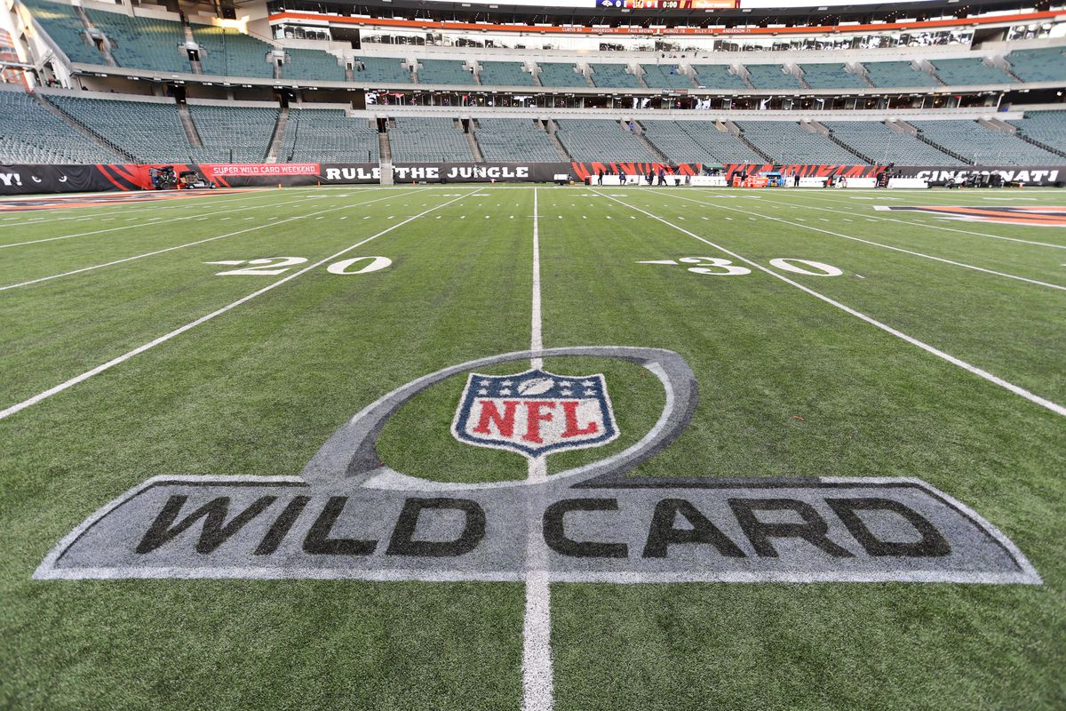 A NFL Wild Card logo is displayed on the field before the game against the Baltimore Ravens and the Cincinnati Bengals on January 15, 2023, at Paycor Stadium in Cincinnati, OH.