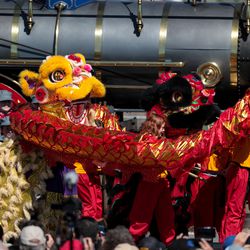 Students perform a Chinese dragon dance at the Spike 150 celebration at Golden Spike National Historic Park at Promontory Point on Friday, May 10, 2019.