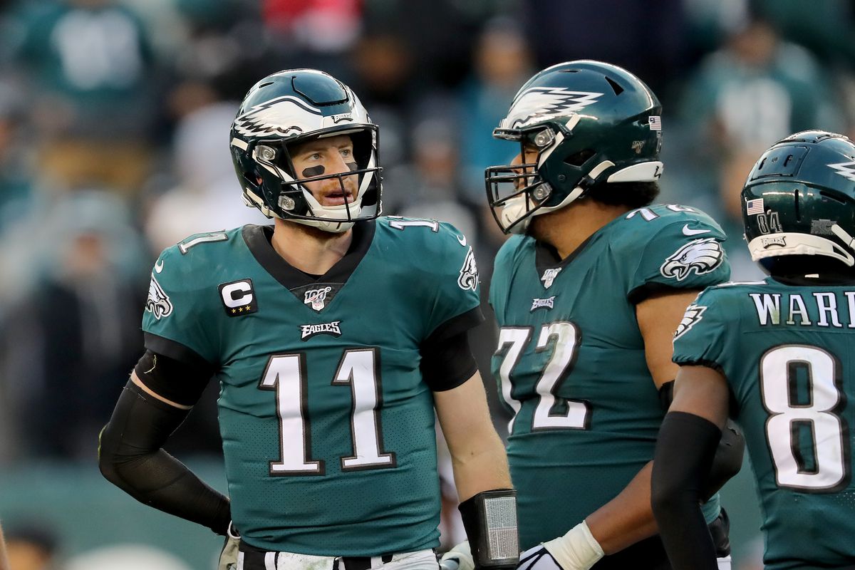 Carson Wentz of the Philadelphia Eagles reacts in the final minutes of the game against the Seattle Seahawks at Lincoln Financial Field on November 24, 2019 in Philadelphia, Pennsylvania.