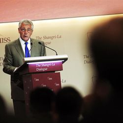 U.S. Defense Secretary Chuck Hagel delivers his keynote address on "The US Approach to Regional Security" at the International Institute for Strategic Studies Shangri-la Dialogue, or IISS Asia Security Summit in Singapore, Saturday, June 1, 2013. (AP Photo/Wong Maye-E)