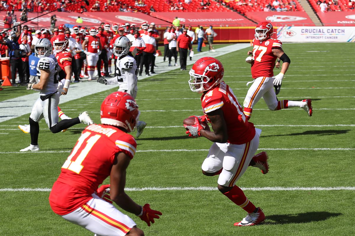 Sammy Watkins #14 of the Kansas City Chiefs scores a touchdown reception against the Las Vegas Raiders during the second quarter at Arrowhead Stadium on October 11, 2020 in Kansas City, Missouri.