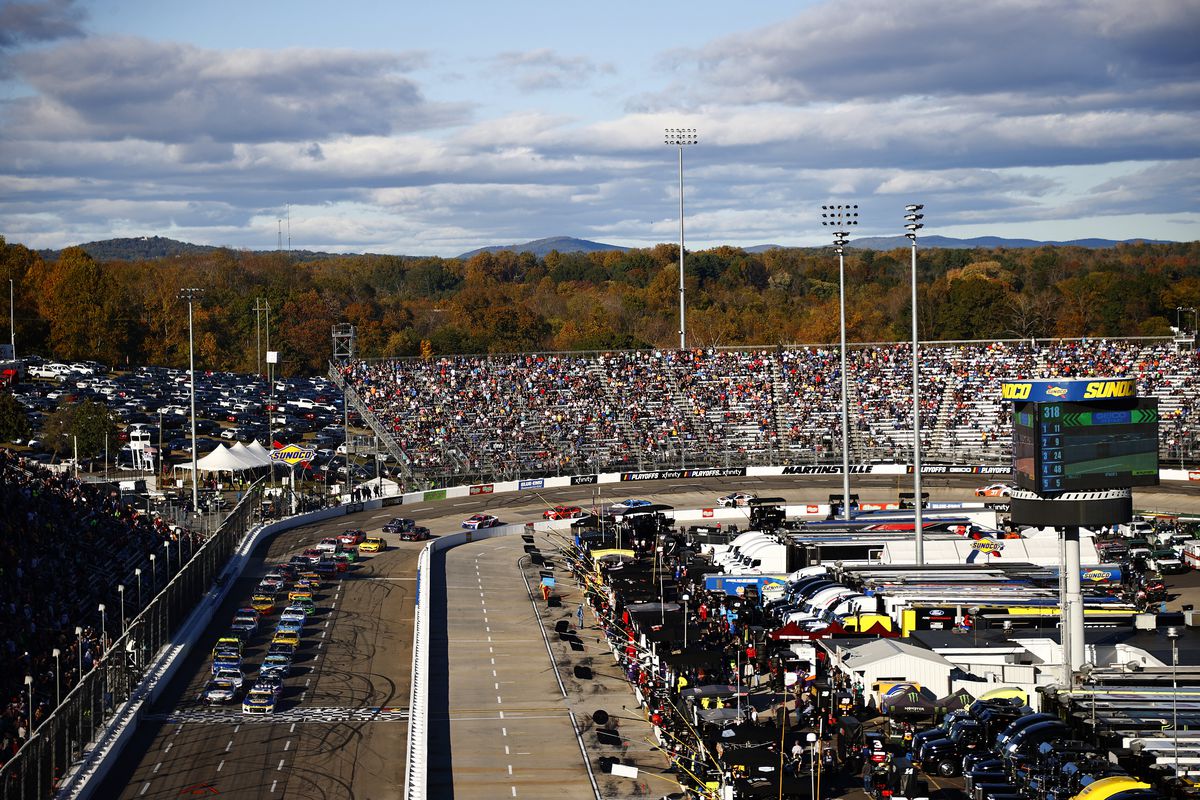 A general view of racing during the NASCAR Cup Series Xfinity 500 at Martinsville Speedway on October 31, 2021 in Martinsville, Virginia.