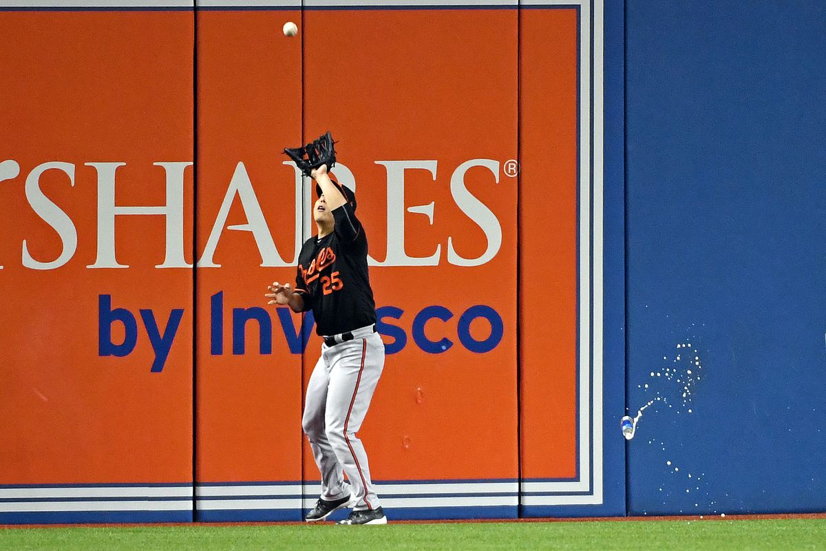 A classless Blue Jays fan throws a can of beer at Hyun Soo Kim of the Baltimore Orioles.