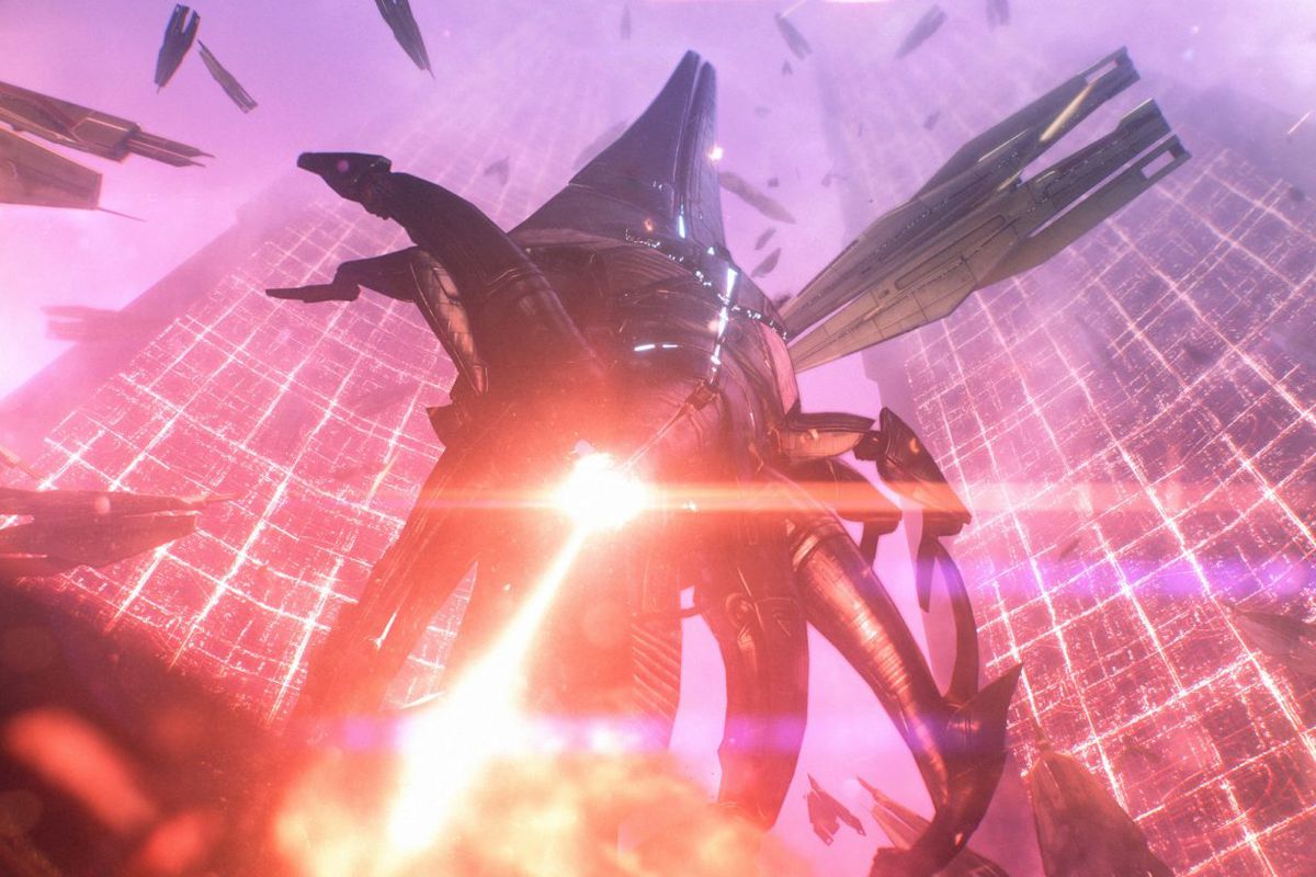 Mass Effect - a Reaper descends from above, shooting a massive space laser