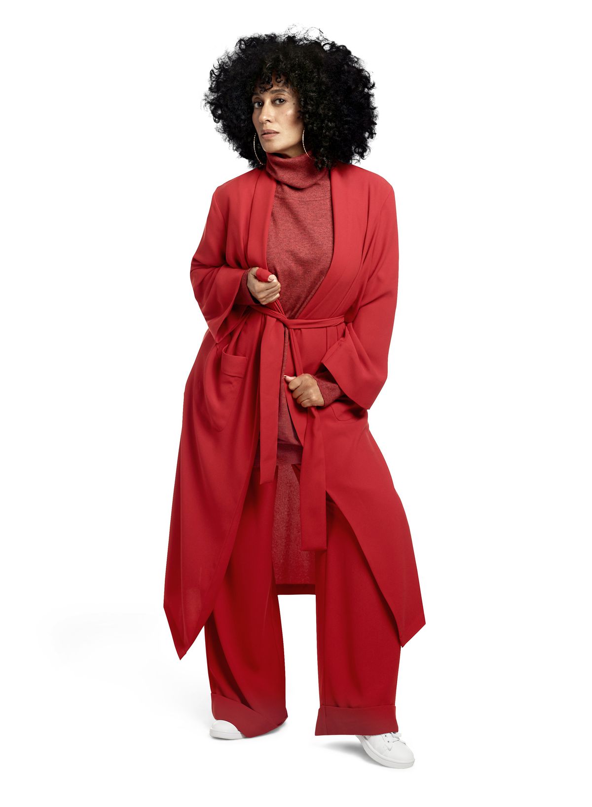 Tracee Ellis Ross in Tracee Ellis Ross x JC Penny red wrap coat and high waisted pants 