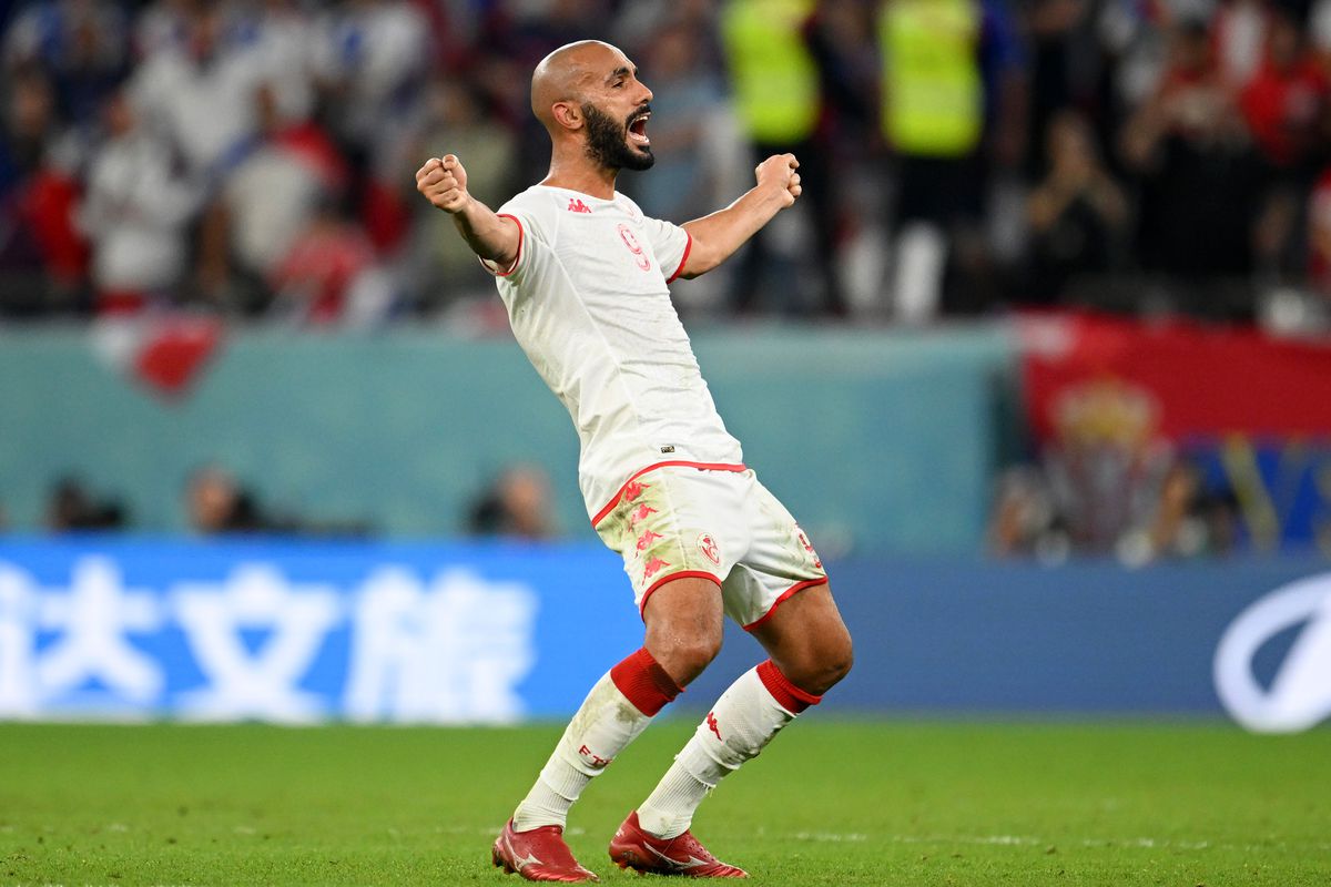 Issam Jebali of Tunisia celebrates after the 1-0 win during the FIFA World Cup Qatar 2022 Group D match between Tunisia and France at Education City Stadium on November 30, 2022 in Al Rayyan, Qatar.