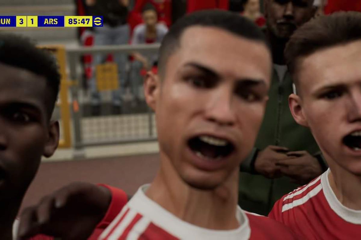 Cristiano Ronaldo’s mouth is contorted in a glitched screenshot from eFootball