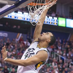 Utah forward Trey Lyles (41) scores a bucket during the first half of an NBA basketball game against Golden State in Salt Lake City on Thursday, Dec. 8, 2016.