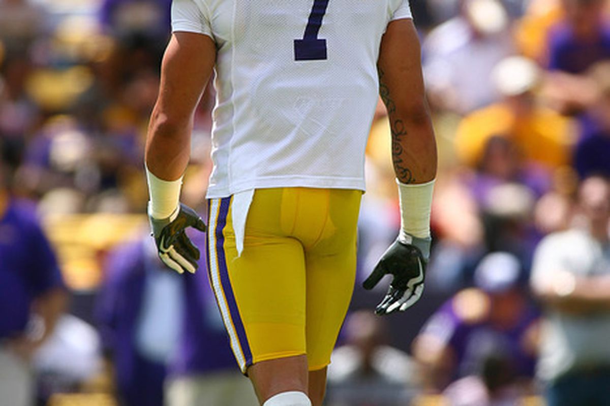 Mar 31, 2012; Baton Rouge, LA, USA;  LSU Tigers cornerback Tyrann Mathieu (7) walks off the field after a play during the 2012 spring game at Tiger Stadium.  Mandatory Credit: Spruce Derden-US PRESSWIRE
