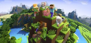 Los personajes de Minecraft, incluidos animales como una oveja y un cerdo, posan en la cima de una colina