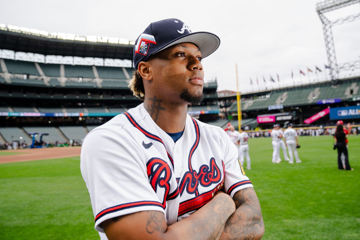 Ronald Acuna Jr. of the Atlanta Braves poses for a portrait at T-Mobile Park on July 10, 2023 in Seattle, Washington.