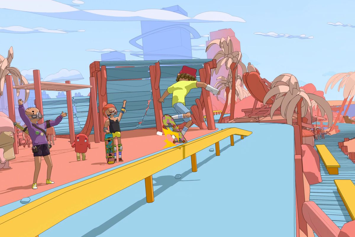 a skateboarder landing a trick on a rail in a colorful cartoon world