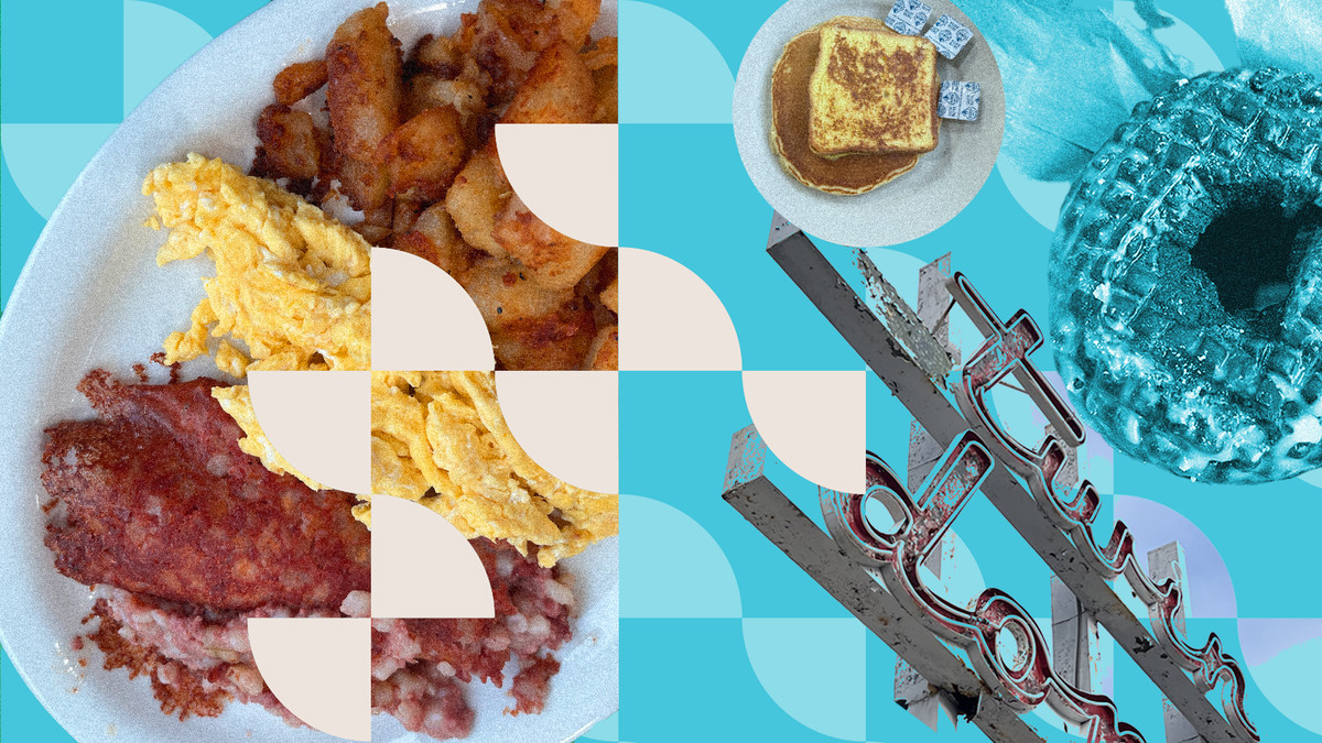 A collage including a plate of corned beef hash and eggs, pancakes, and a donut.