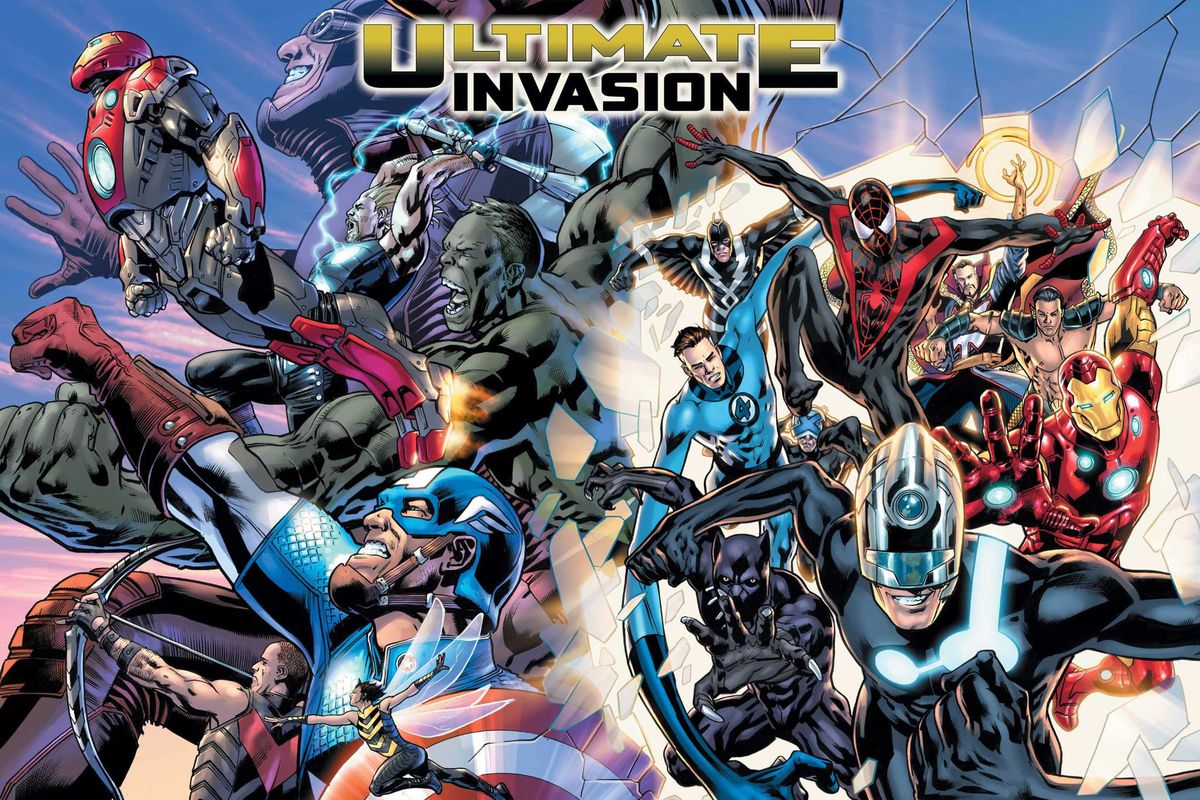 The promotional image for Marvel’s Ultimate Invasion series, featuring Marvel superheroes like Captain America, Reed Richards, The Maker, and more