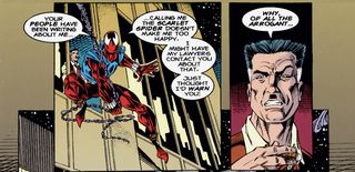 Ben Reilly/The Scarlet Spider svänger ut ur ett höghöjande fönster, bär sin karakteristiska ärmlös spindelhoodie över en all-röd spindeldräkt, när han hånar J.J. Jameson i Spider-Man #54 (1995)