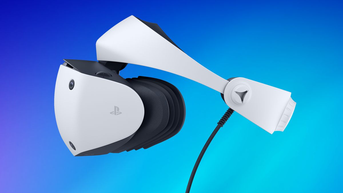 A graphic featuring a profile view of the PlayStation VR2 headset