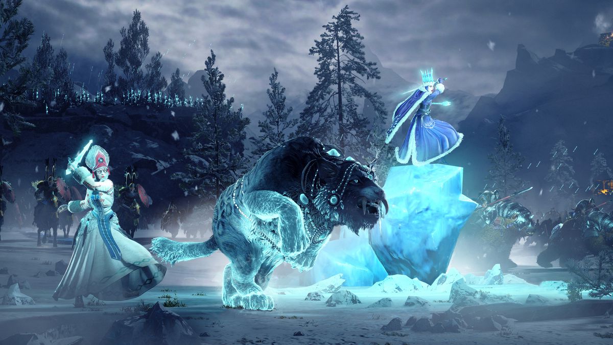 Tzarina Katarin and an Ice Witch charge into battle alongside a Snow Leopard of Kislev in  Total War: Warhammer 3