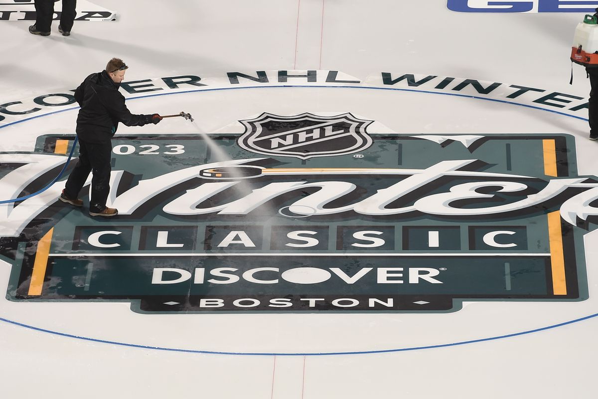 The 2023 Discover NHL Winter Classic build out continues at Fenway Park on December 28, 2022 in Boston, Massachusetts.