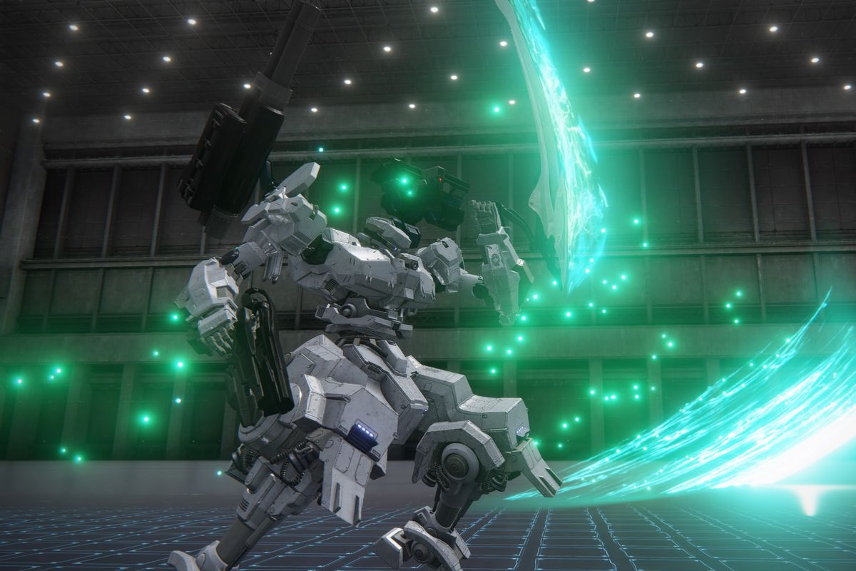 A demonstration of the IA-C01W2: Moonlight light wave blade weapon in Armored Core 6: Fires of Rubicon 