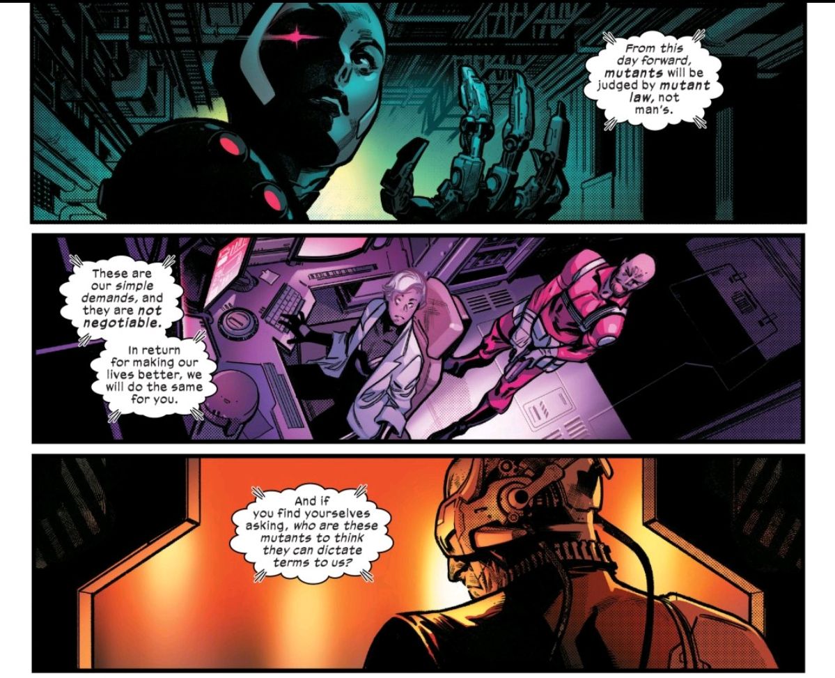 Omega Sentinal, Project Orchis, and a third mysterious person listen to Professor X’s speech/ultimatum announcing the creation of Krakoa, in House of X #6, Marvel Comics (2019). 